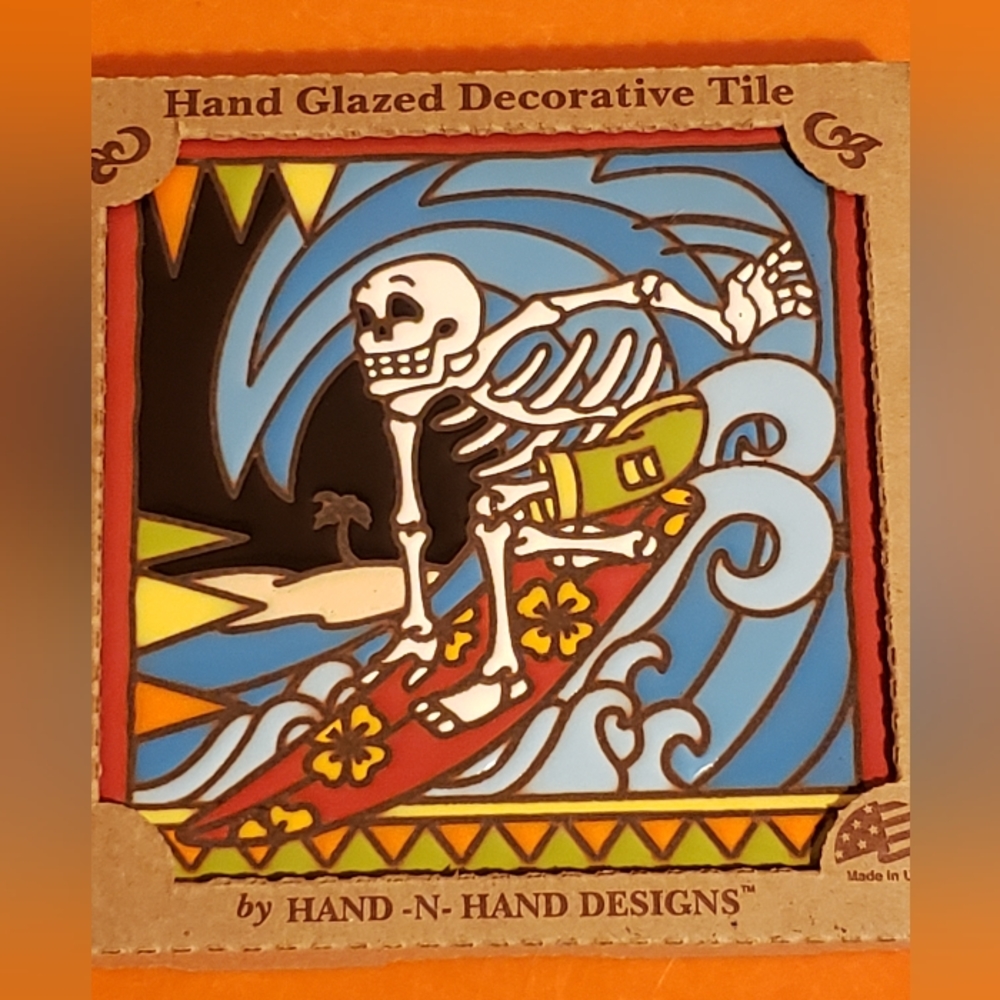 HandNHand Designs Earthtones Skeleton Surfing Barrel Glazed Decorative Tile USA